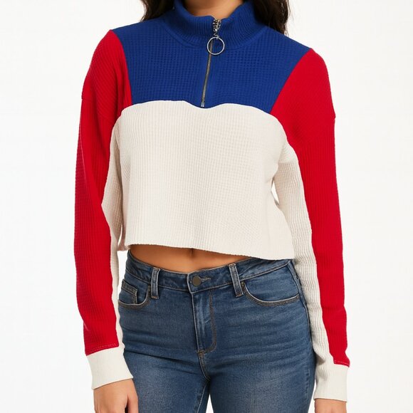 Hollister Waffle Knit Colorblock Quarter Zip Pullover Sz M Red White Blue Retro - Picture 1 of 15